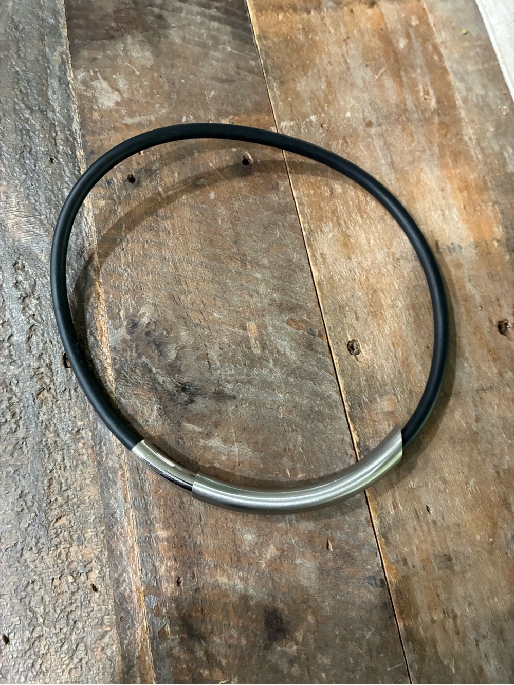 Minimalist Magnetic Closure Black Rubber Necklace with Silver Tube Accent